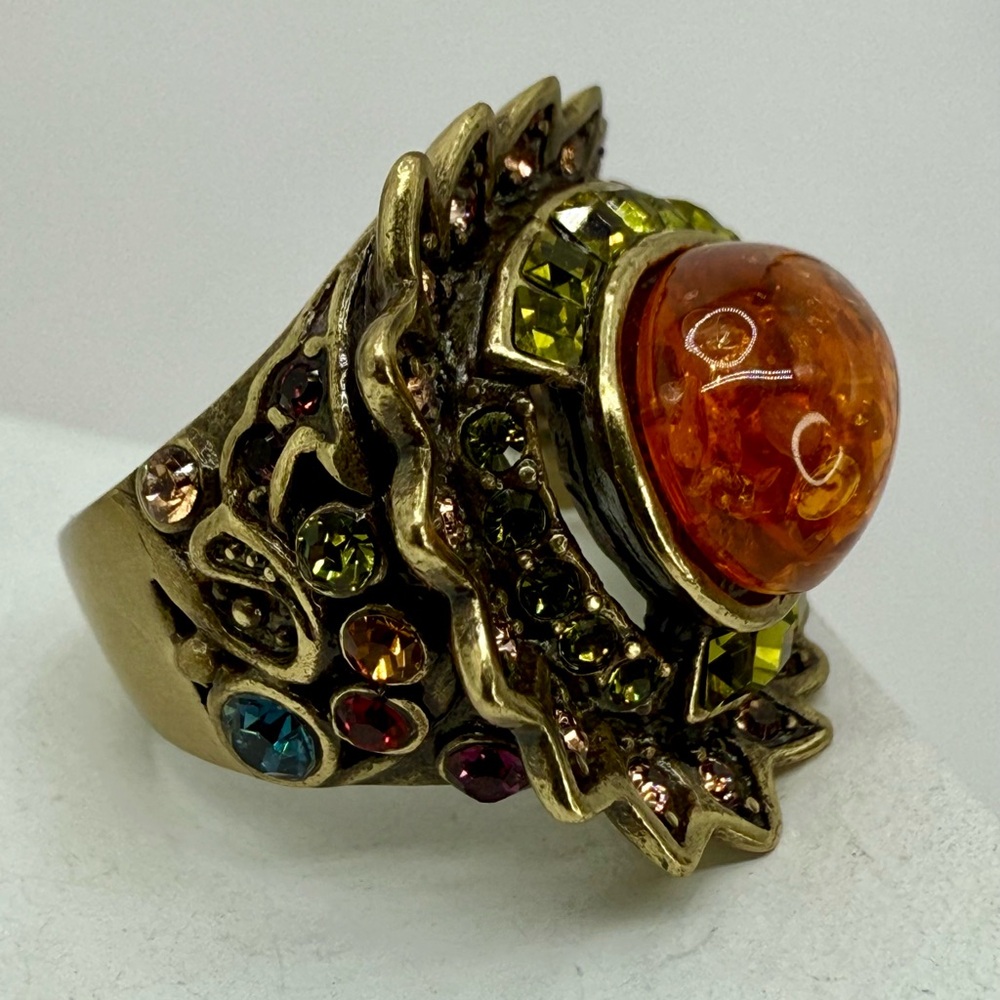 Vintage Heidi Daus Statement Ring – Amber Cabochon w Multi-Color Crystals Sz 7 - Picture 9 of 17